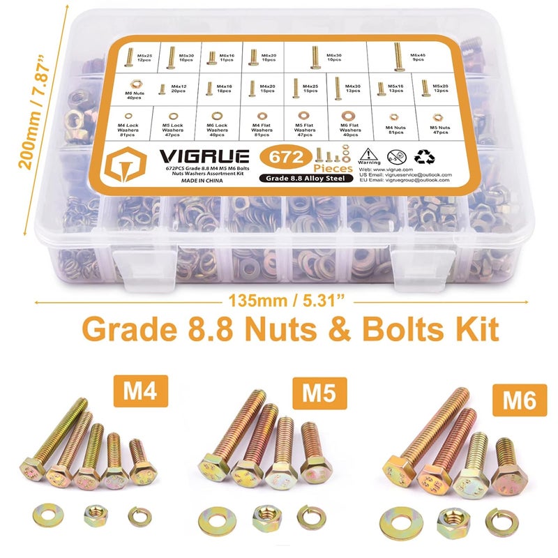VIGRUE 672PCS Grade 8.8 M4 M5 M6 Metric Bolts Nuts Assortment, Heavy Duty Hex Head Nuts and Bolts Assortment Kit, 13 Metric Sizes Included - Image 5